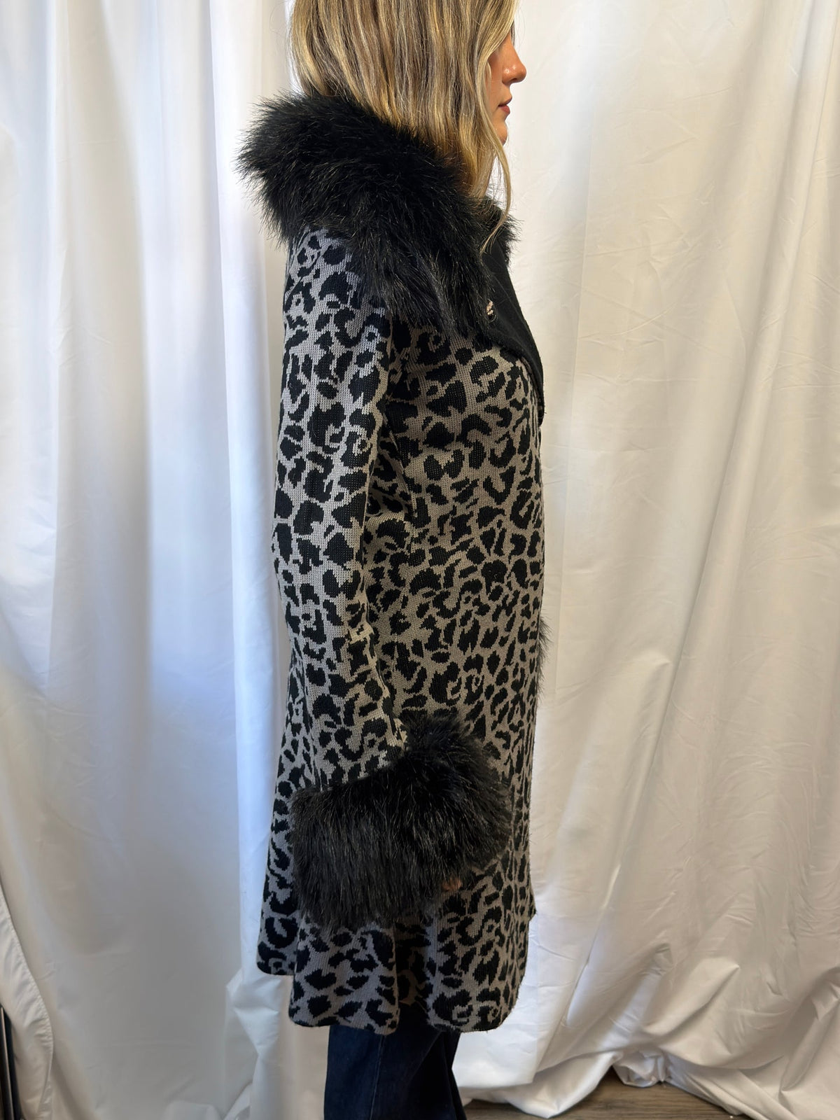 Betsey Johnson Leopard Print Faux Fur Trim Duster
