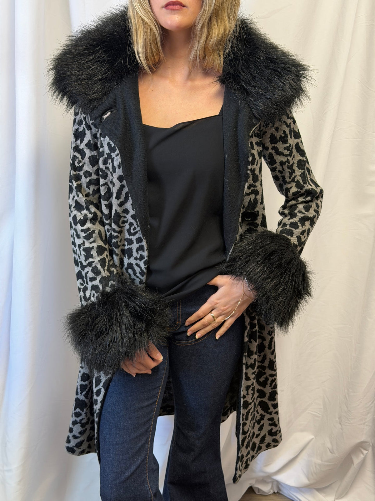 Betsey Johnson Leopard Print Faux Fur Trim Duster