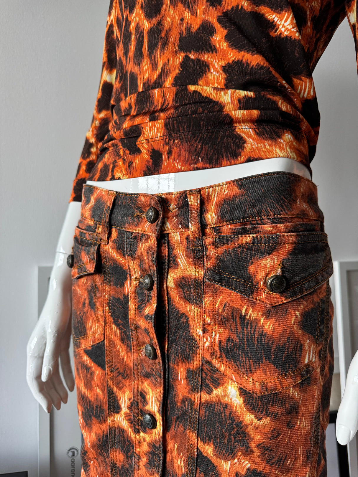 JUST CAVALLI Orange/Black Animal Print Denim Midi Skirt