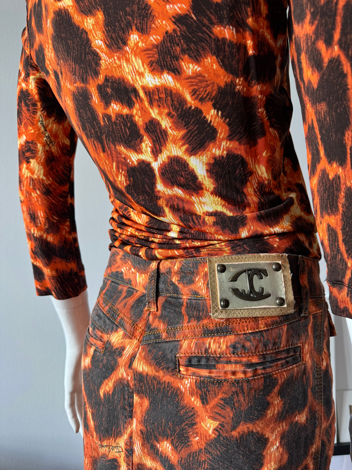 JUST CAVALLI Orange/Black Animal Print Denim Midi Skirt
