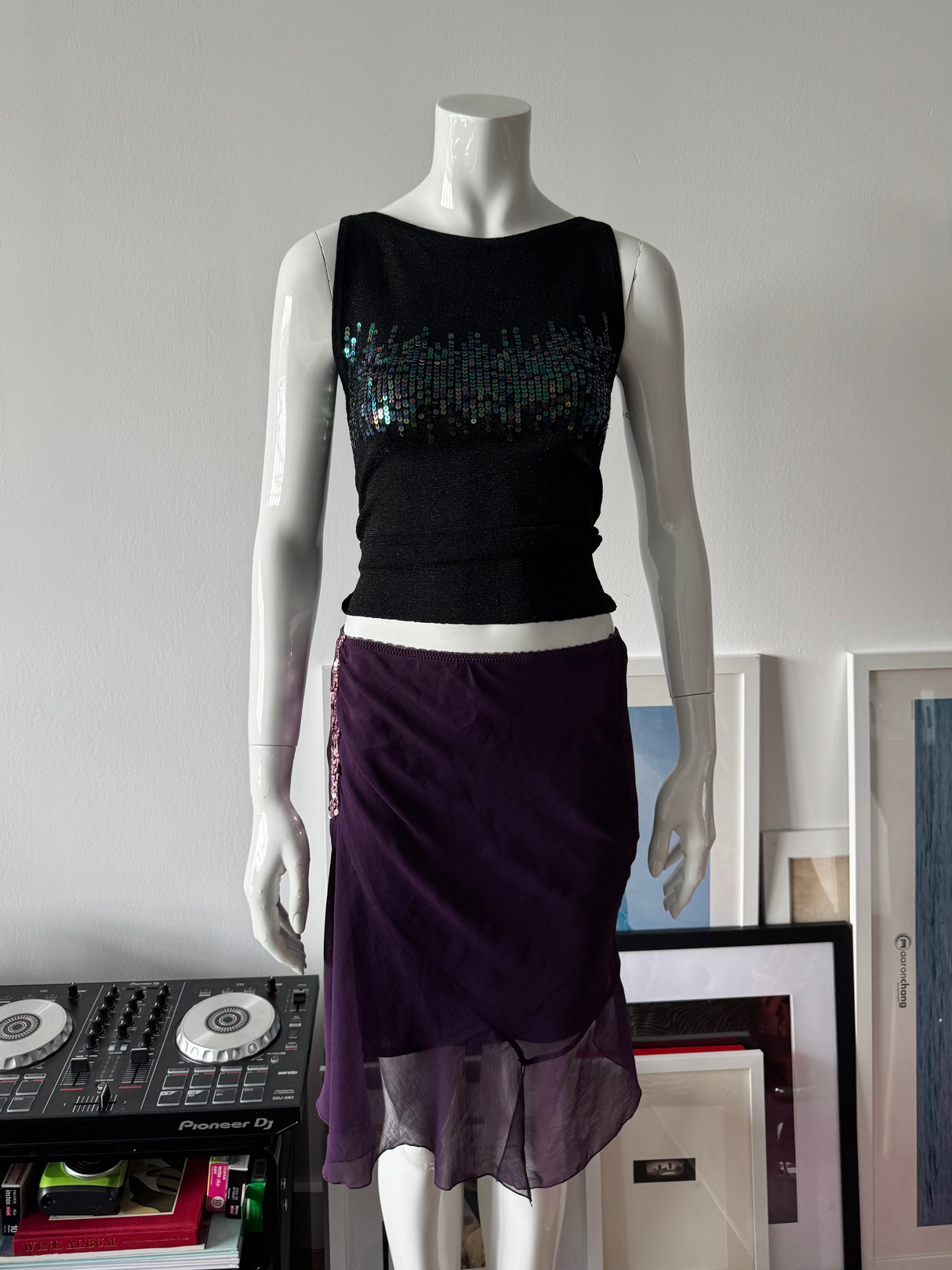 EUROMODA Purple Mesh and Sequin Midi Skirt