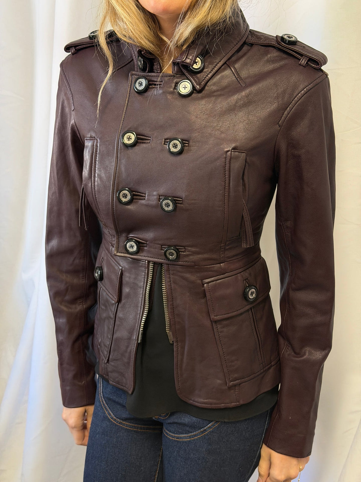 Deep Plum Leather Military Jacket