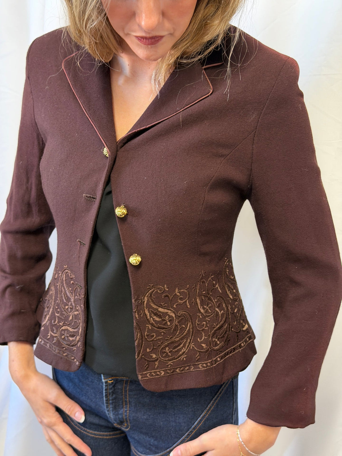 Vintage Caché Burgundy Embroidered Blazer