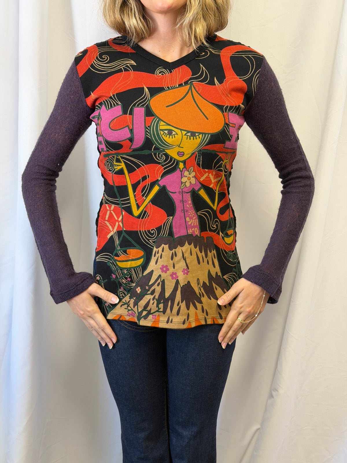 Custo Barcelona Graphic Print Crochet Long Sleeve Top