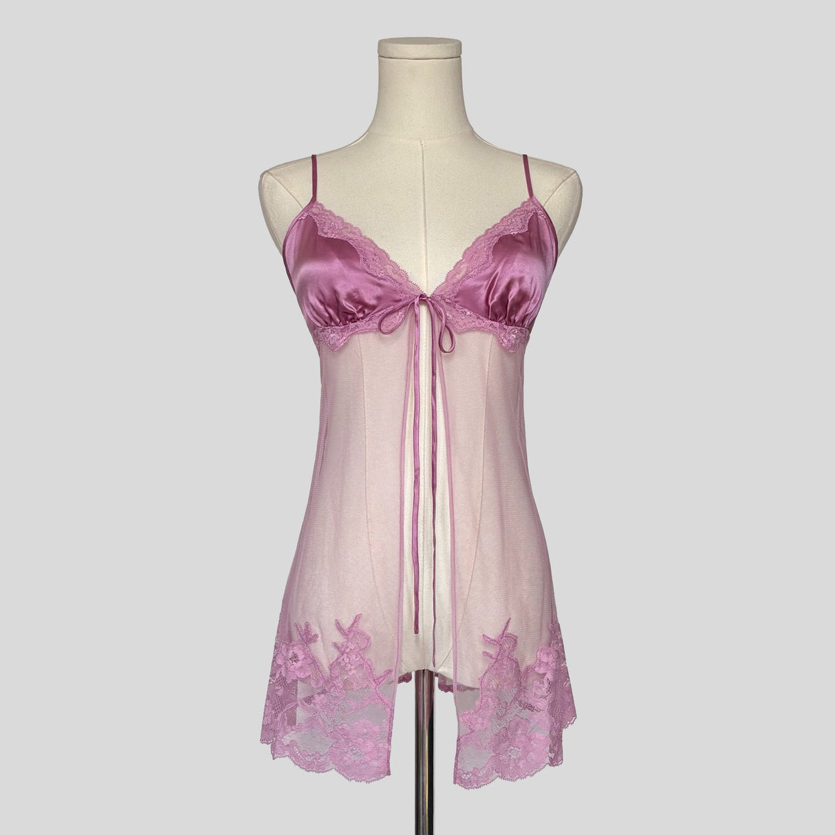 Sheer lace trim split front babydoll dress in pink