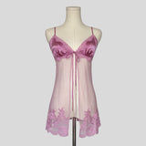 Sheer lace trim split front babydoll dress in pink