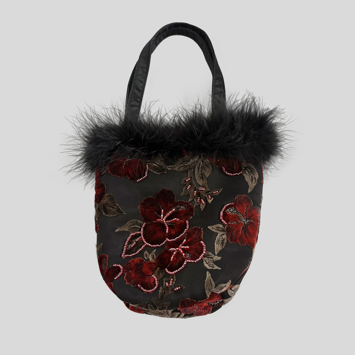Floral beaded marabou feather trim purse