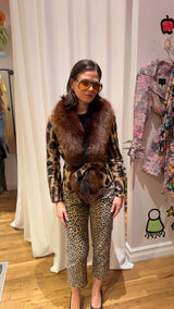 Leopard Print Leather Belted Jacket with Fur Collar Coats & Jackets Multicolor