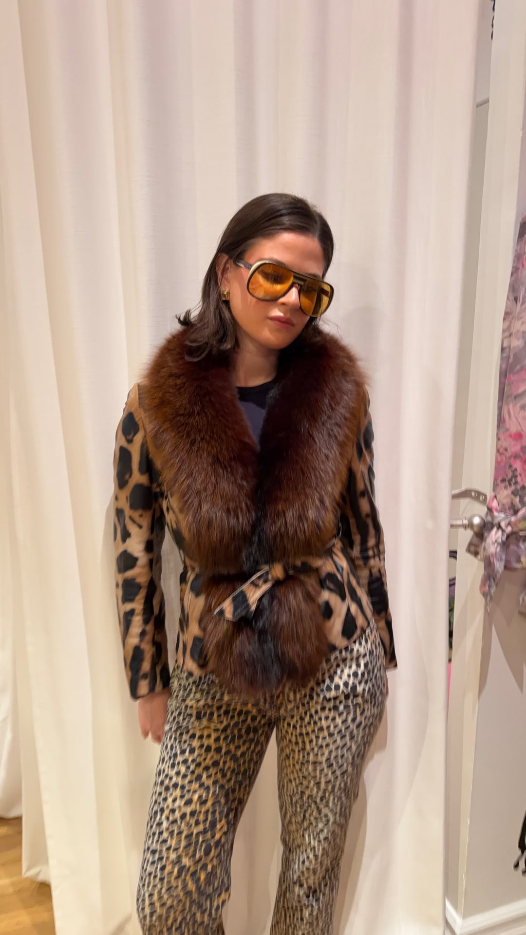 Leopard Print Leather Belted Jacket with Fur Collar Coats & Jackets Multicolor