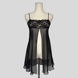 Sheer lace trim split front babydoll dress in black