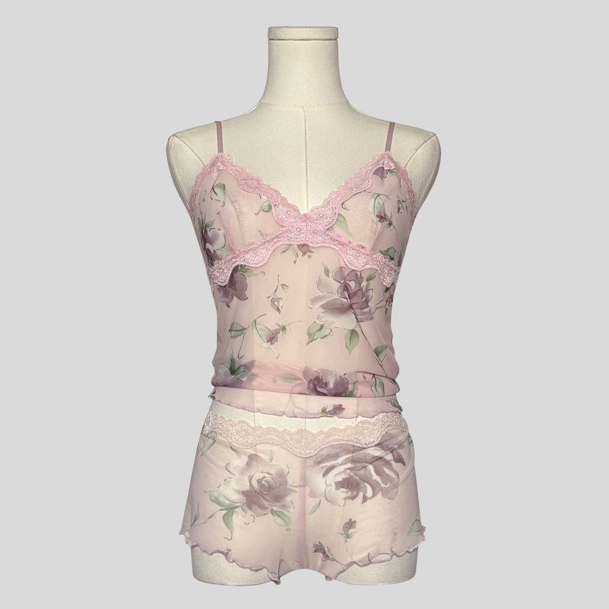 Floral sheer lace trim lingerie set