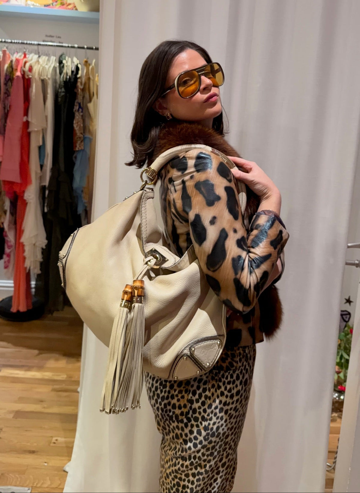 Gucci Indy Cream Leather Bamboo Tassel Hobo Bag