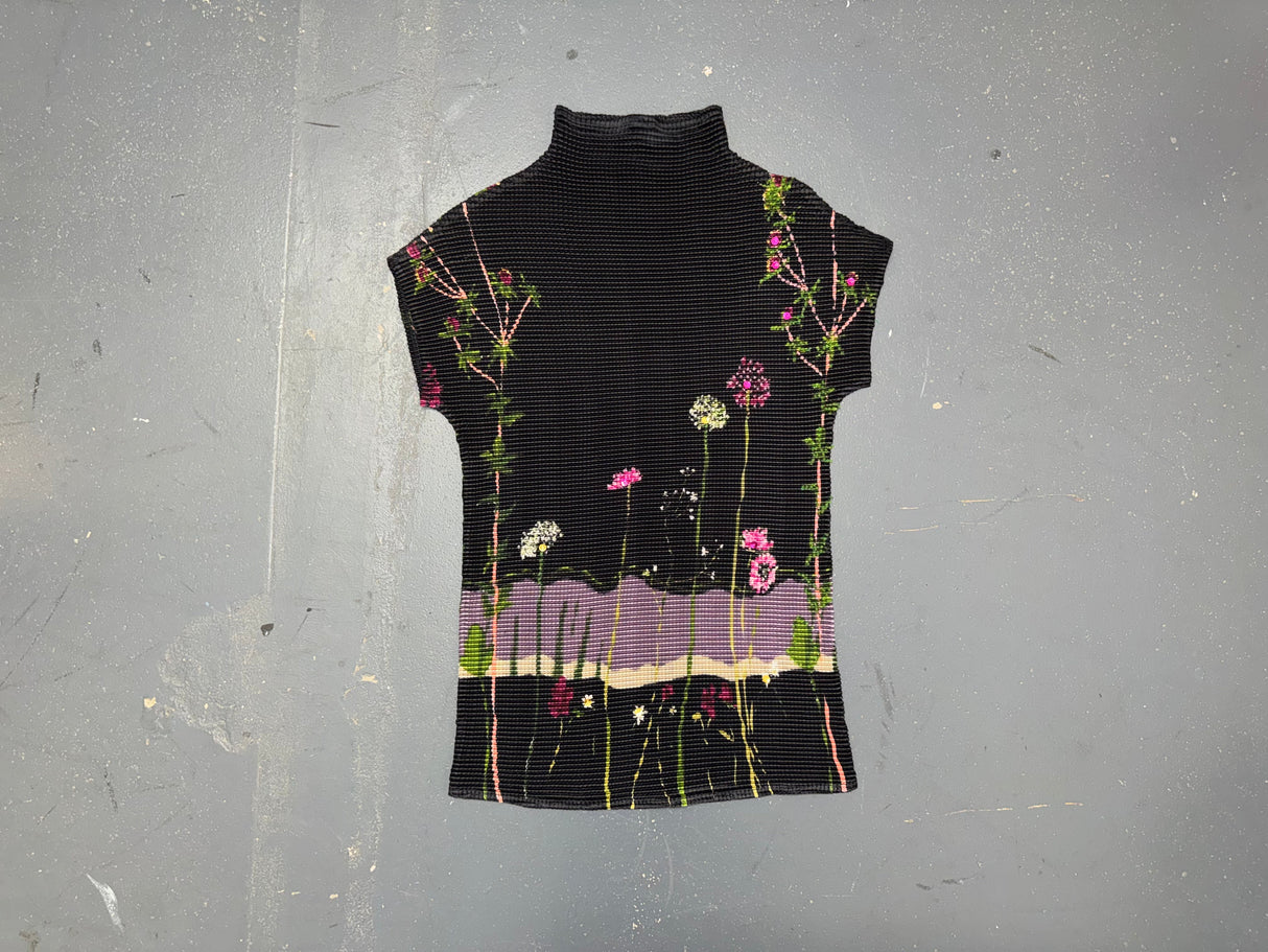 Black Floral Beaded Crinkle Mock Neck Top