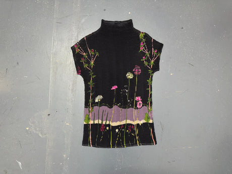 Black Floral Beaded Crinkle Mock Neck Top
