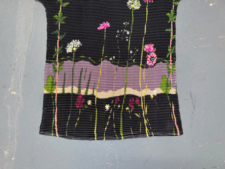 Black Floral Beaded Crinkle Mock Neck Top