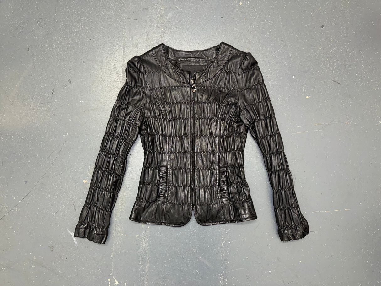 Black Ruched Leather Zip Up Jacket