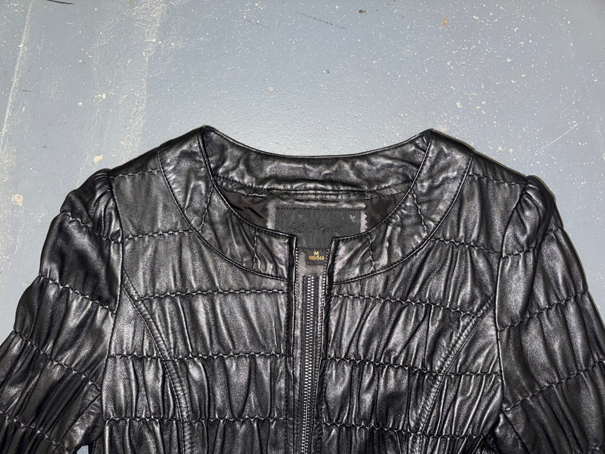 Black Ruched Leather Zip Up Jacket