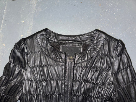 Black Ruched Leather Zip Up Jacket