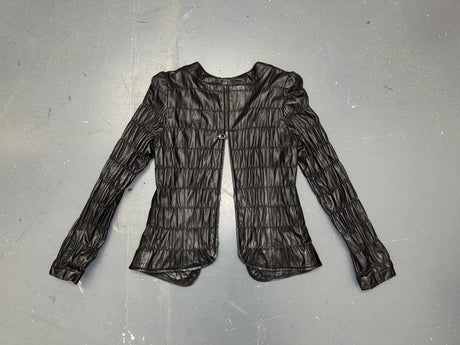 Black Ruched Leather Zip Up Jacket