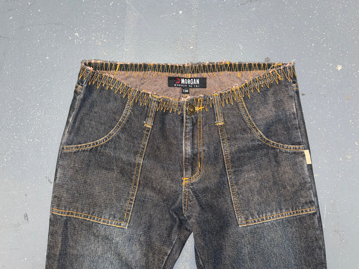 MORGAN DE TOI Dark Flare Jeans with Floral Embroidery