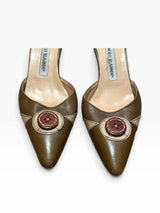 Manolo Blahnik olive mules with brown button details (35.5)