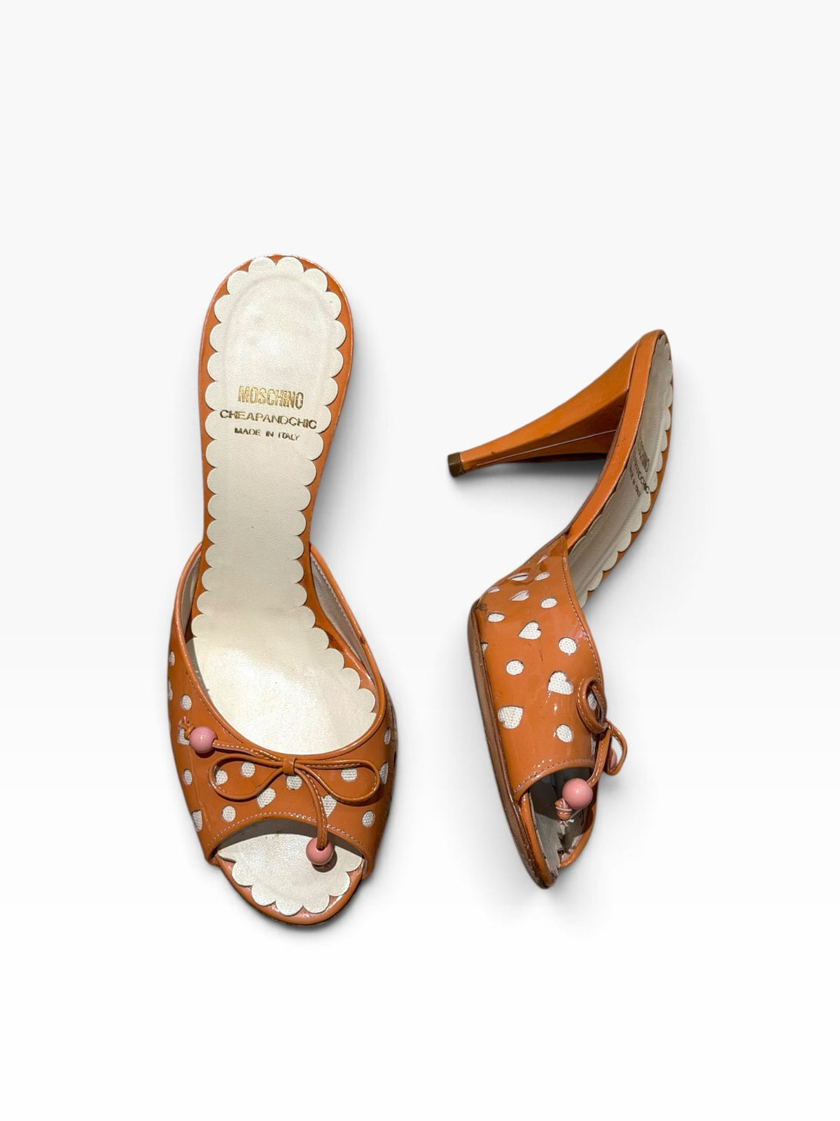 Moschino cheap and chic orange and white heart polka dot bow mules (37.5)