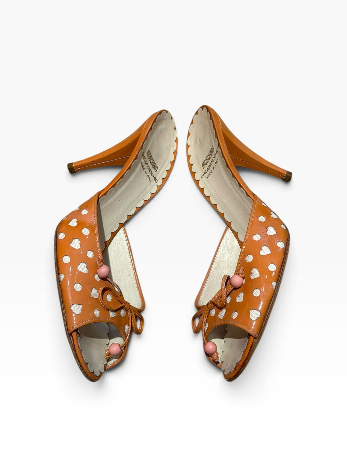 Moschino cheap and chic orange and white heart polka dot bow mules (37.5)
