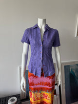 Purple Frayed Short Sleeve Button Up Top