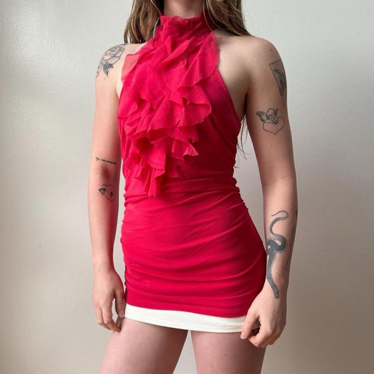 Y2K Pink Ruffled Ruched Halter Tank