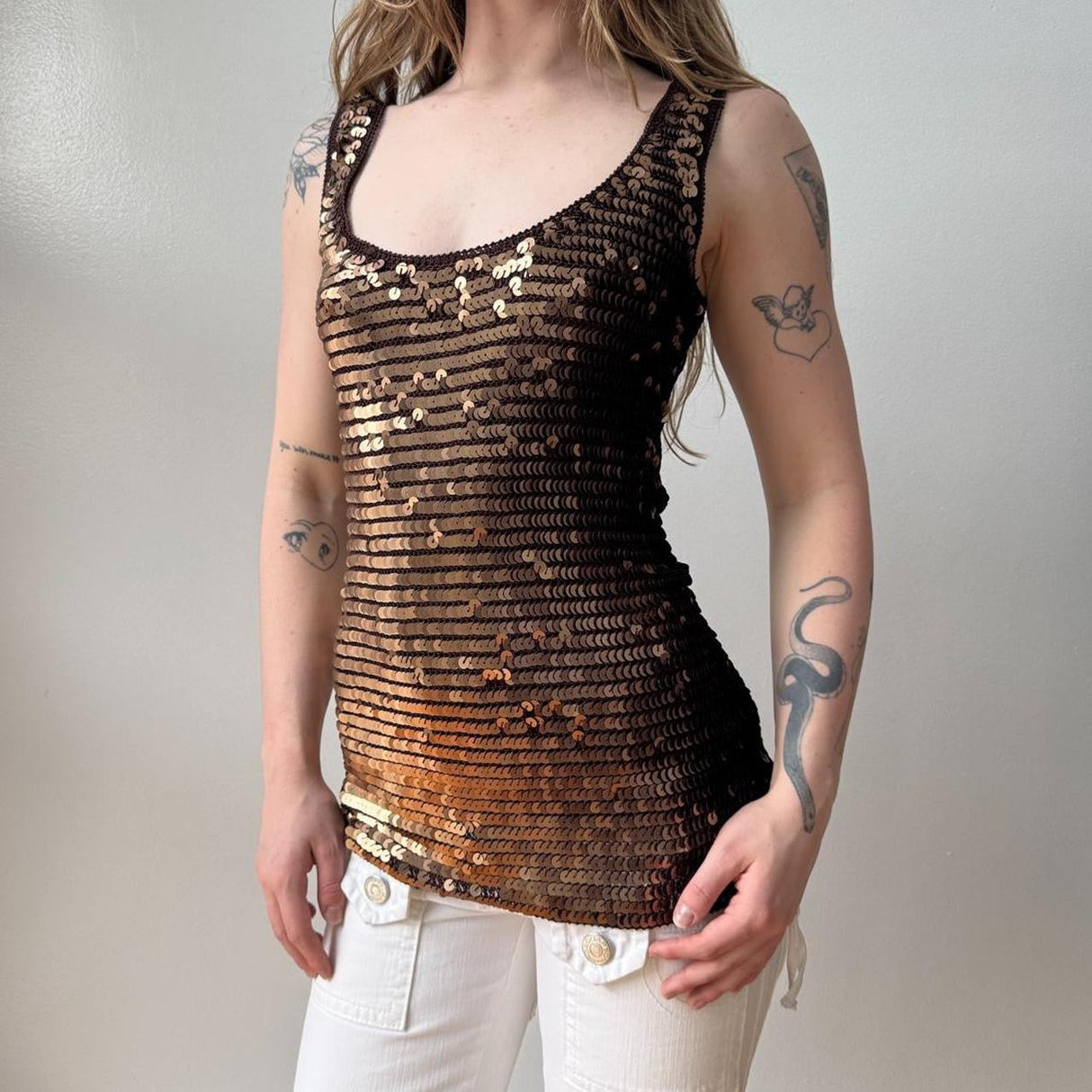 Patrizia Pepe Bronze Sequined Mermaid Tank Mini Dress