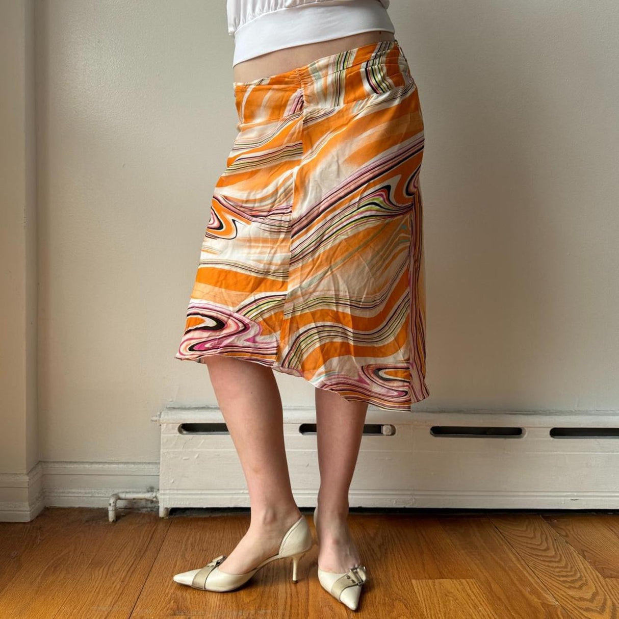 Italian Orange Graphic Ruffled Midi Skirt