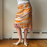 Italian Orange Graphic Ruffled Midi Skirt