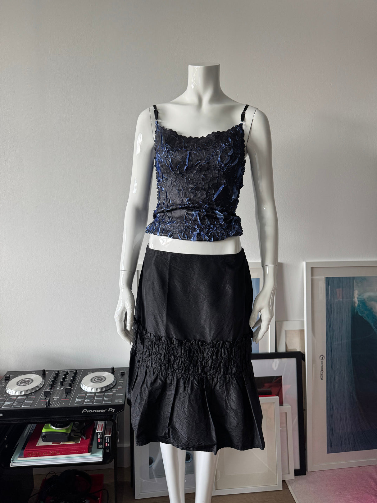 BLUMARINE Black Silk Ruffle Midi Skirt