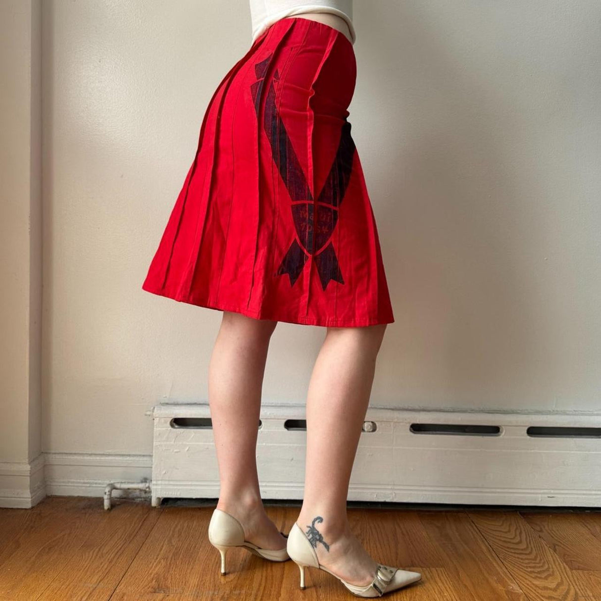 Italian Red Graphic Pleated Midi Skirt