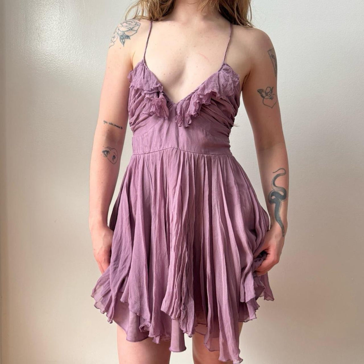 Italian Purple Silk Ruffled Mini Dress