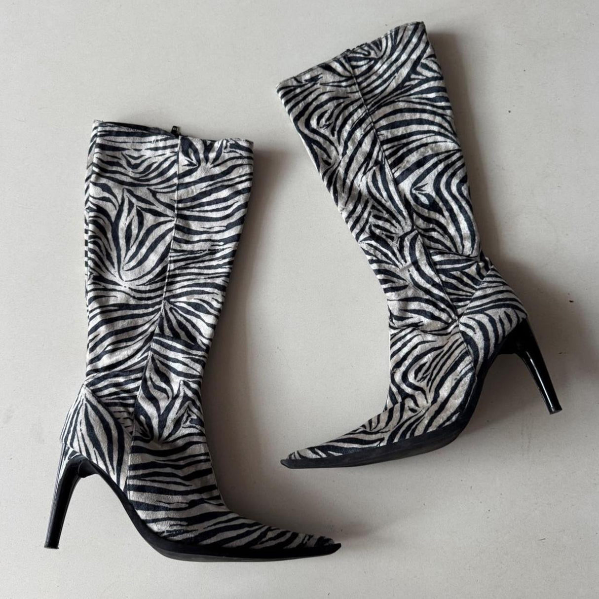 Italian Zebra Velvet Pointed Toe Heeled Boots