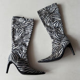 Italian Zebra Velvet Pointed Toe Heeled Boots