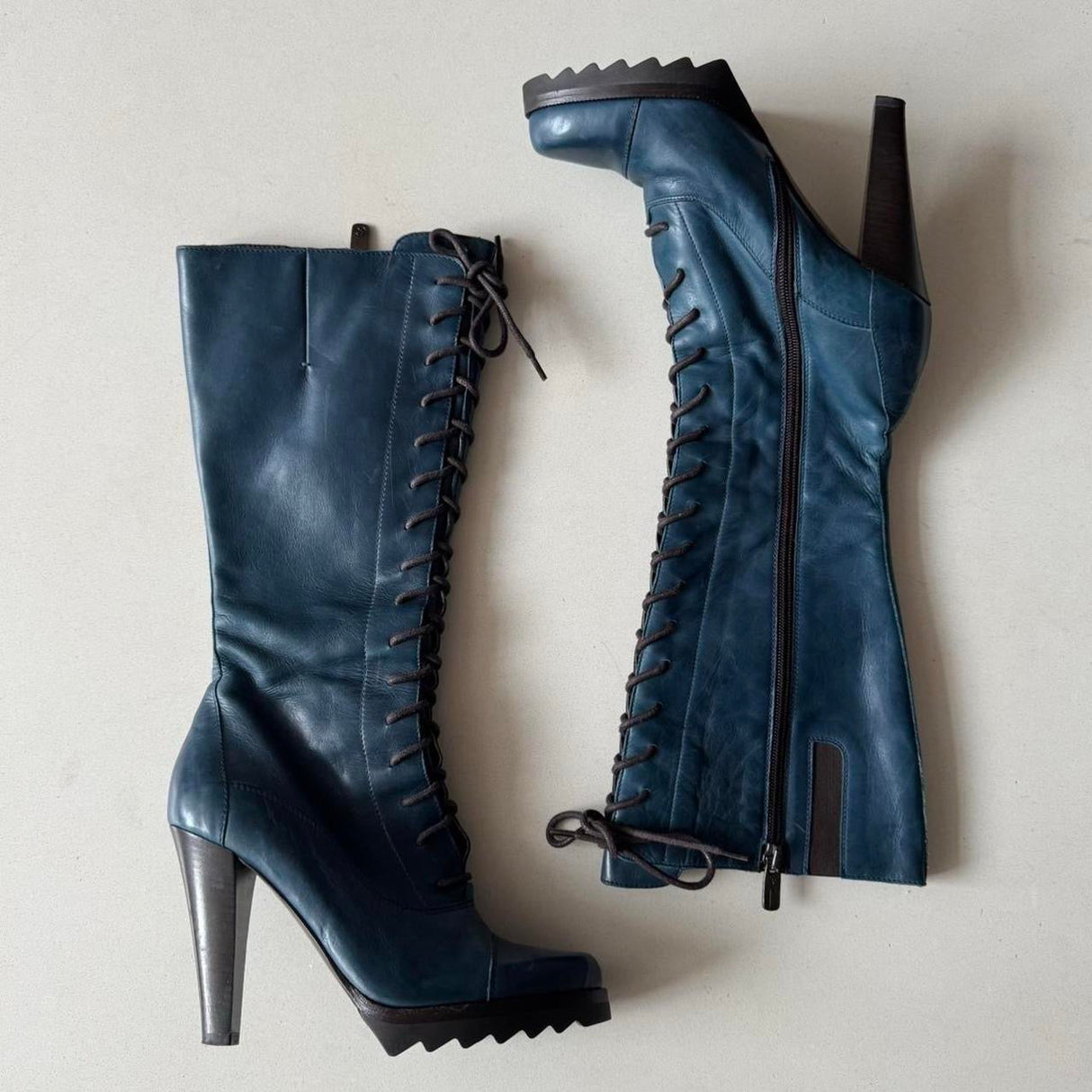 Italian Blue Lace Up Heeled Boots