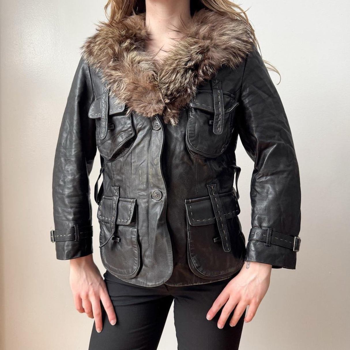 Dolce & Gabbana Black Stitched Fur Trim Moto Jacket