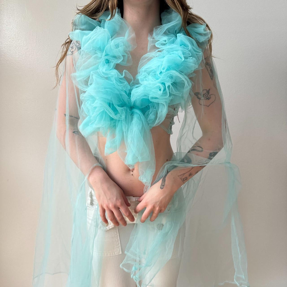 Italian Blue Sheer Organza Ruffled Wide Sleeve Blouse