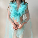 Italian Blue Sheer Organza Ruffled Wide Sleeve Blouse