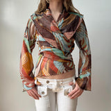 Italian Multicolor Print Ruffled Mesh Flare Sleeve Wrap Top