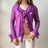 Italian Purple Sheer Mesh Ruffled Tie Front Blouse