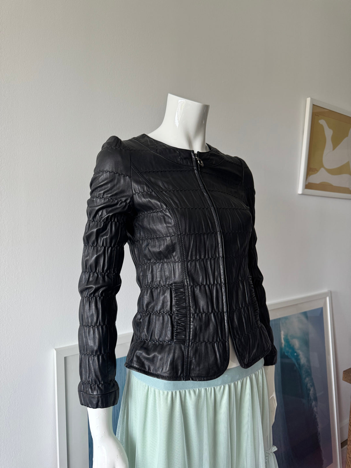 Black Ruched Leather Zip Up Jacket