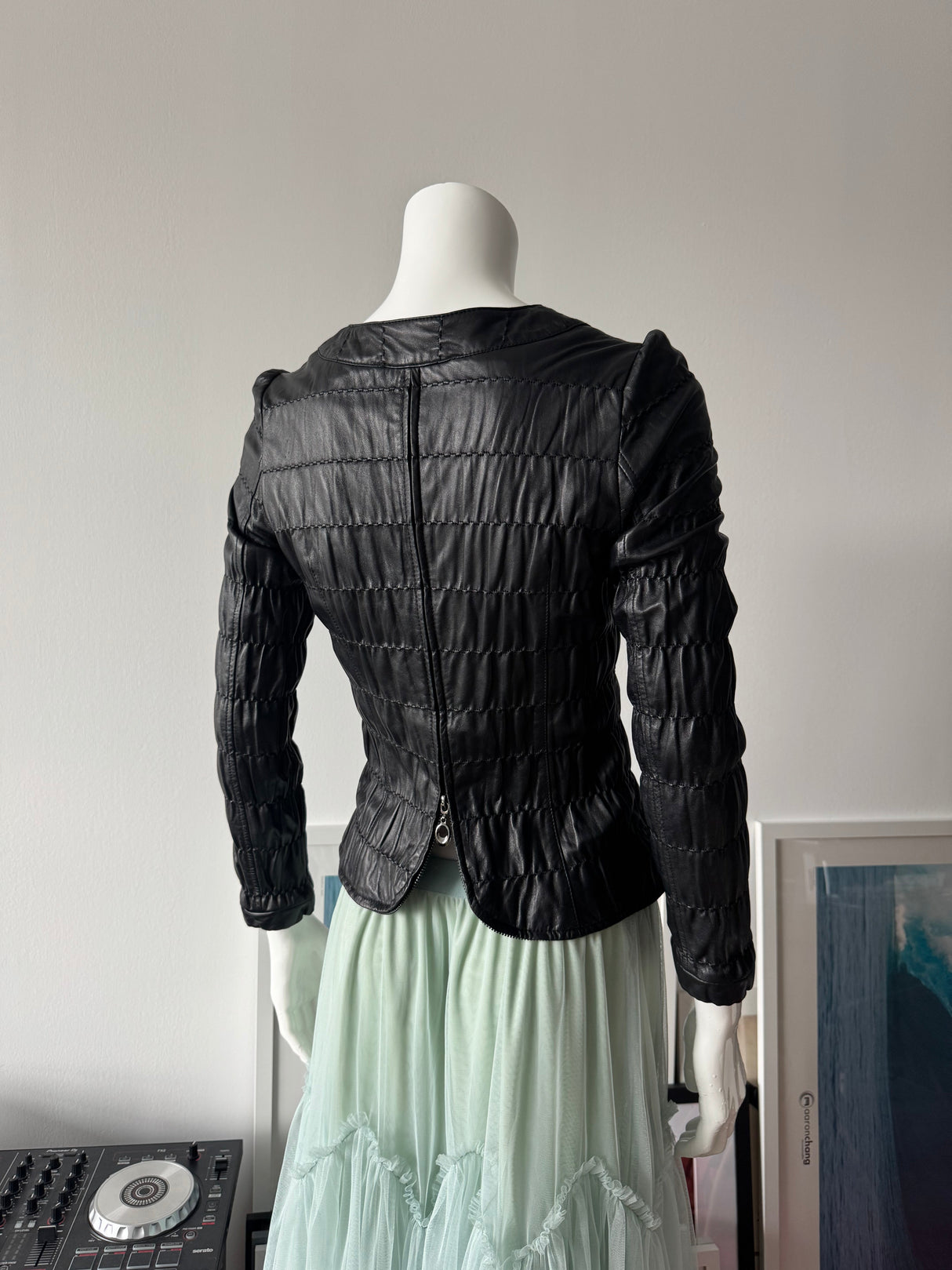 Black Ruched Leather Zip Up Jacket