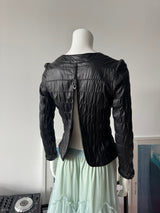 Black Ruched Leather Zip Up Jacket