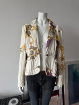 JUST CAVALLI White Medal Print Denim Blazer Jacket