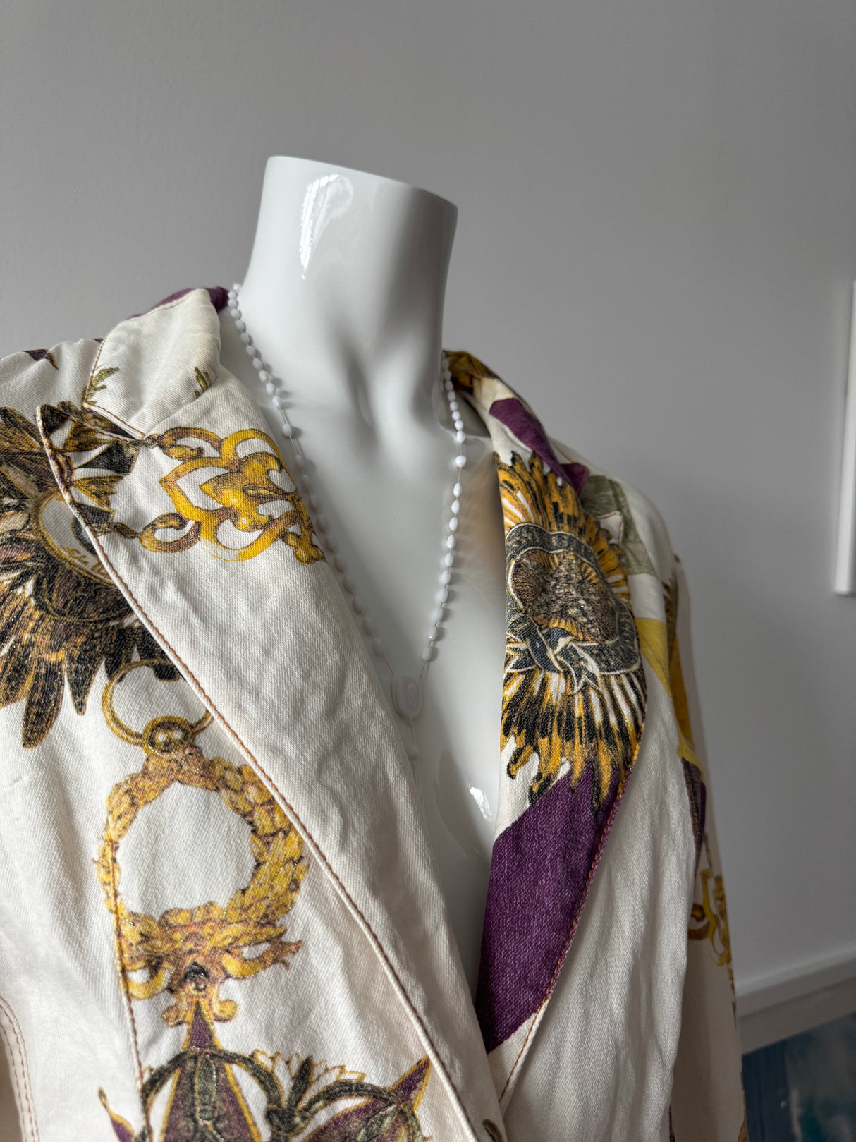 JUST CAVALLI White Medal Print Denim Blazer Jacket