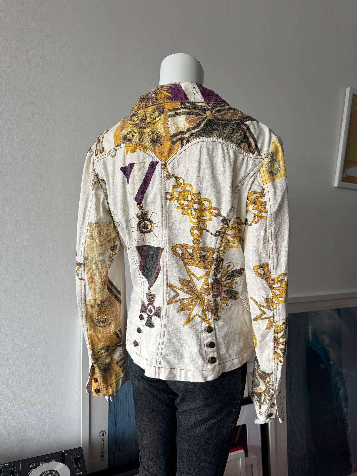 JUST CAVALLI White Medal Print Denim Blazer Jacket