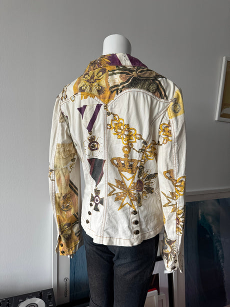 JUST CAVALLI White Medal Print Denim Blazer Jacket